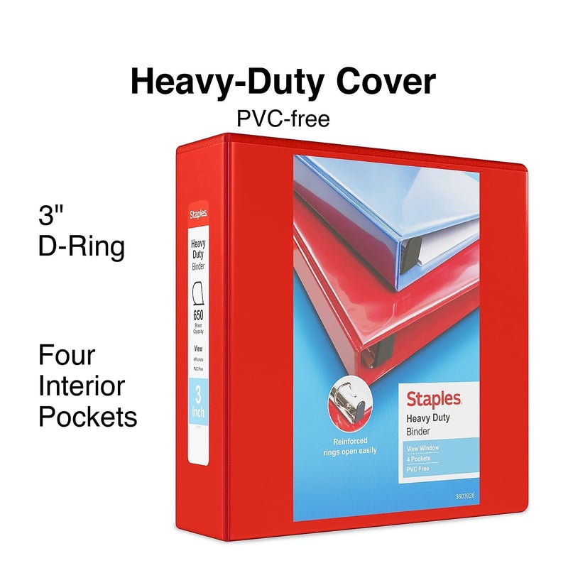 Staples 976064 3-Inch Staples Heavy-Duty View Binders with D-Rings Red - Image 2